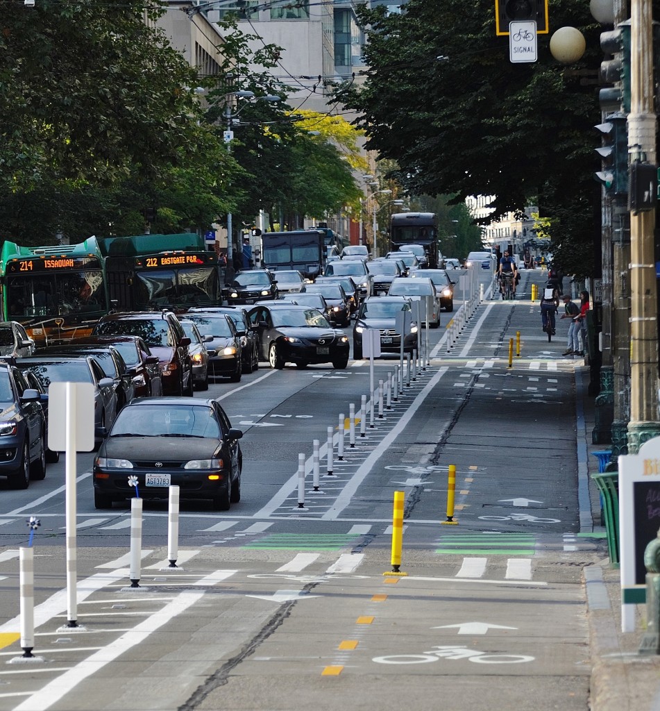 The Second Avenue protected bike lane, looking North from Yesler