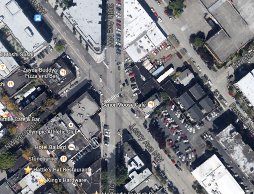 Aerial view of the intersection, the crosswalk has since been moved northwesterly.
