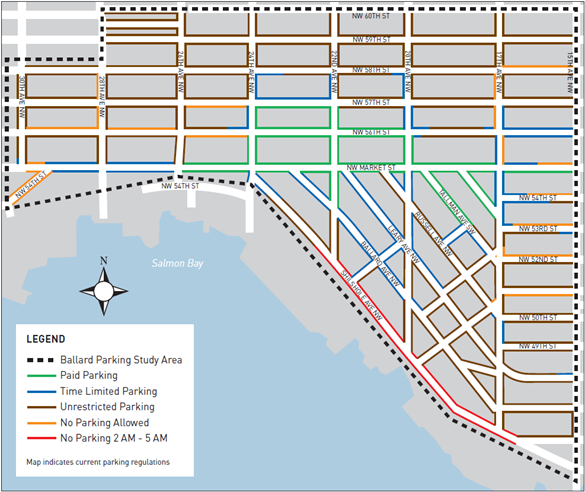 Current parking restrictions in Ballard, courtesy of SDOT.