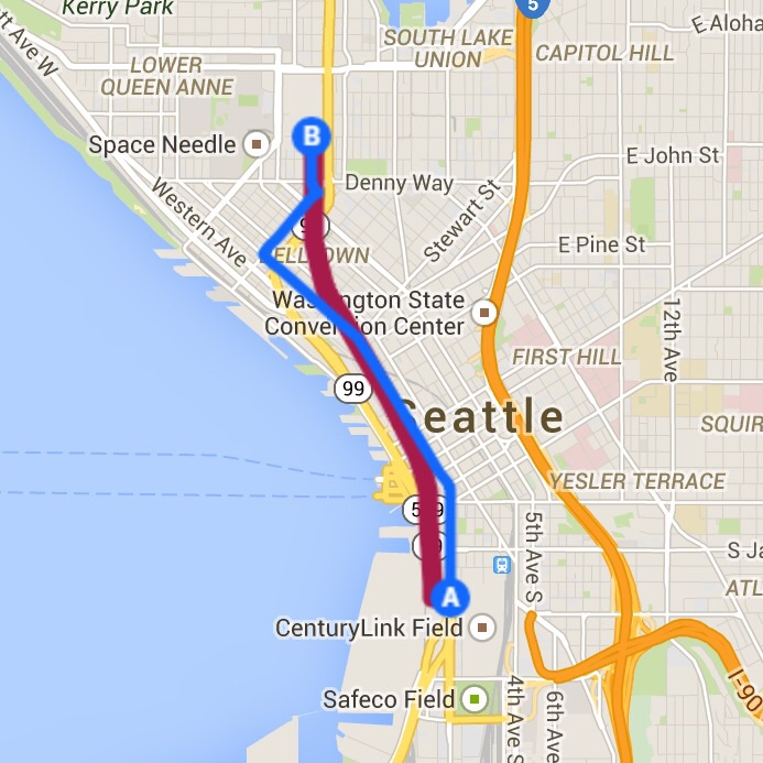 Walking route in blue, Bertha's alignment in red.