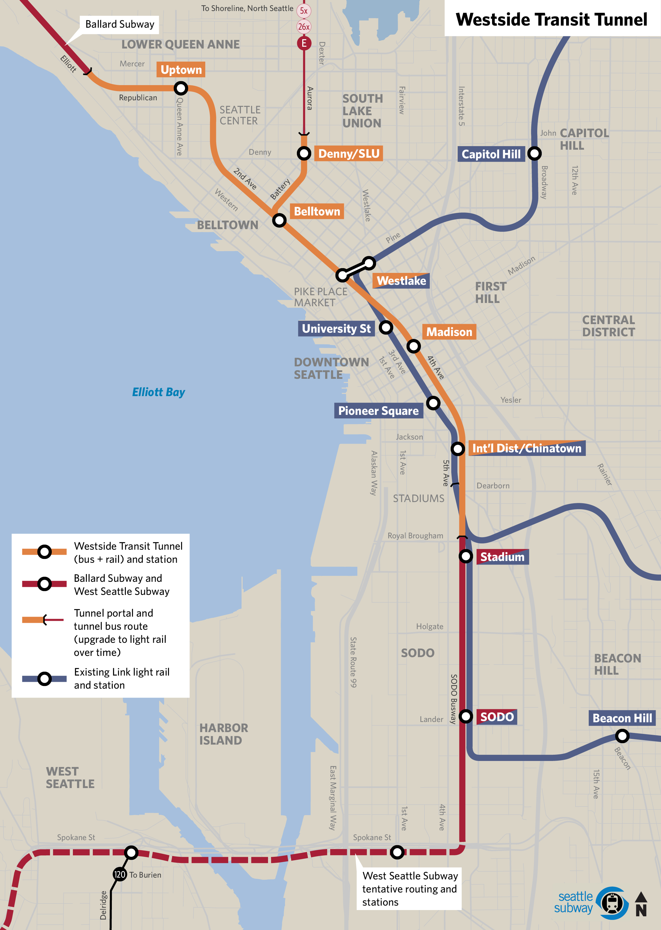 The newly proposed Westside Seattle Transit Tunnel, courtesy of Seattle Subway.