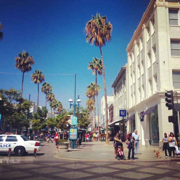 The Santa Monica Third Street Promenade with arcades, vendors, fountains, street performances, and more.