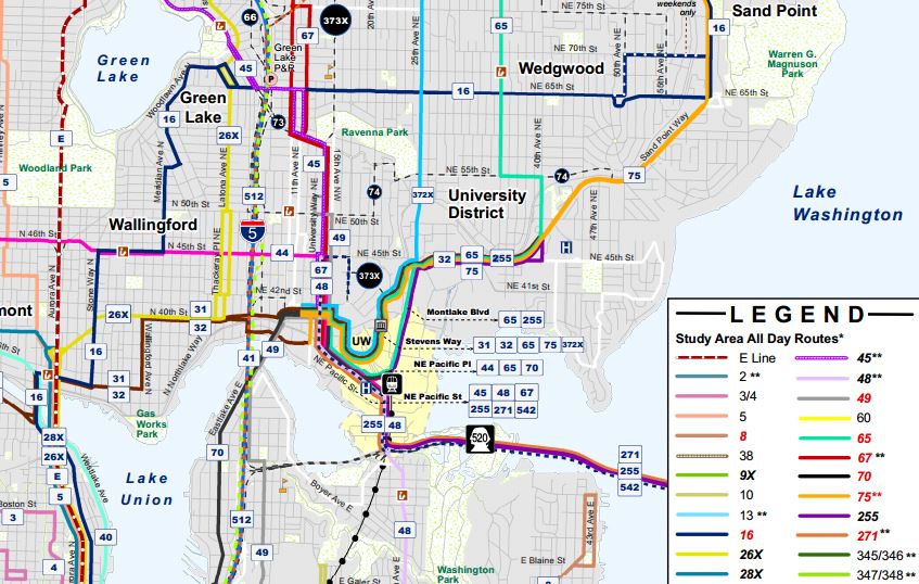 A glimpse at Alternative 1 of the U Link bus restructure plan, courtesy of King County Metro.