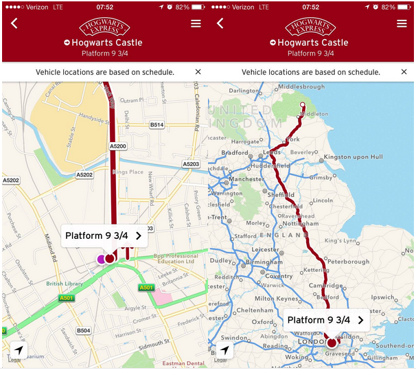 Hogwarts Express routing on Transit App.