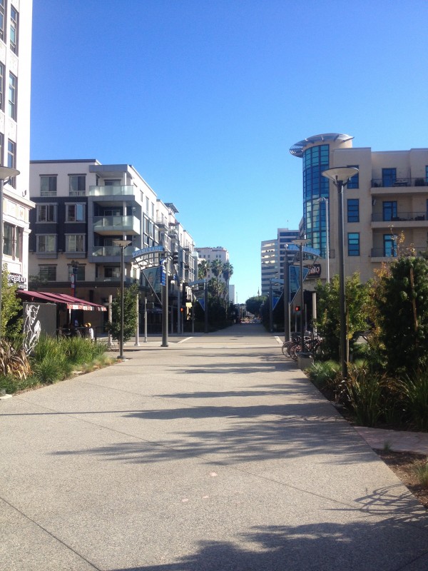 The Promenade flanked by restaurants and housing in Downtown, Long Beach.