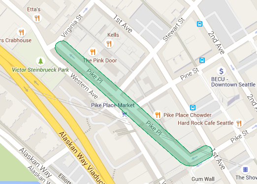 Pike Place Market restriction area in green.
