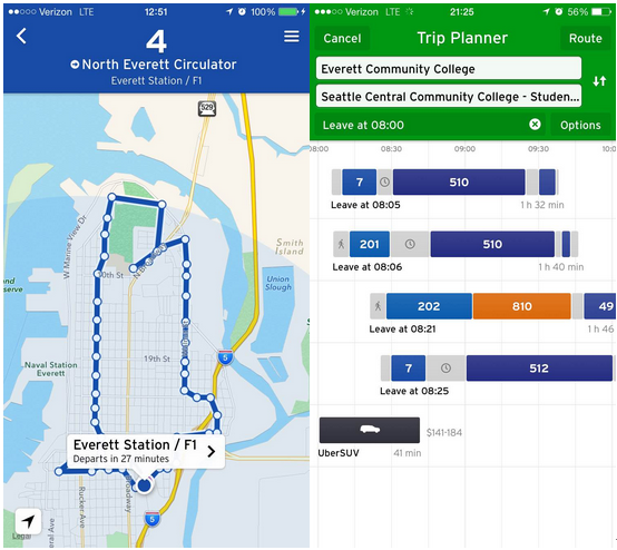 Left: Route 4 map with drawing error; Right: Trip planning from Everett.