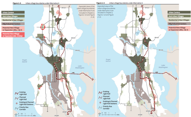 Two proposed growth alternatives for Seattle. Left: Alternative 4. Right: Alternative 3.