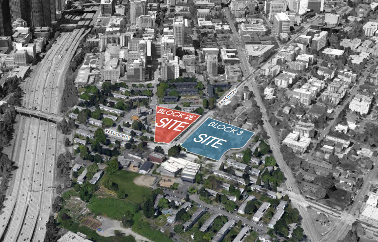 Aerial context of Yesler Terrace and the Vulcan projects.
