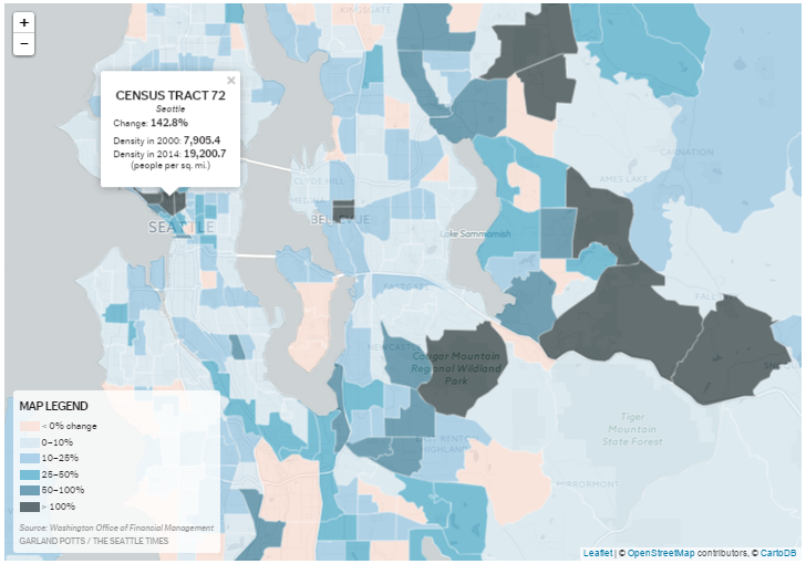 Census Tract level map of growth in King County, courtesy of The Seattle Times.