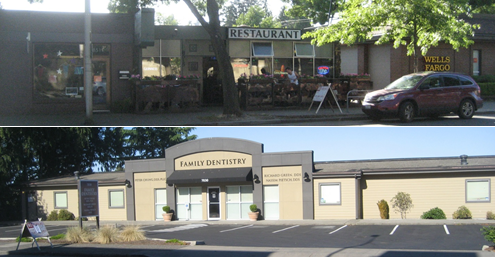 Top: Some businesses on 35th Ave NE are trying to take a more pedestrian-oriented approach. Bottom: Most businesses still sit behind a row of off-street surface parking.