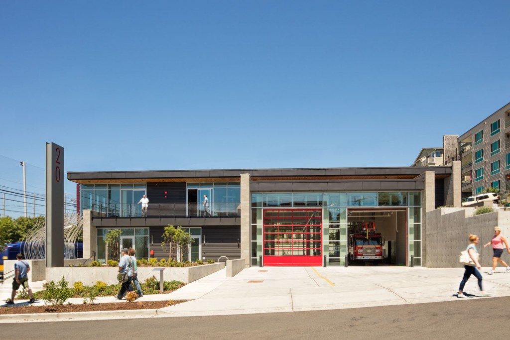 Fire Station 20 creates a civic presence, featuring a new sidewalk to enhance local connections, landscaping and public art. Photo by Lara Swimmer, courtesy of Schacht Aslani Architects.
