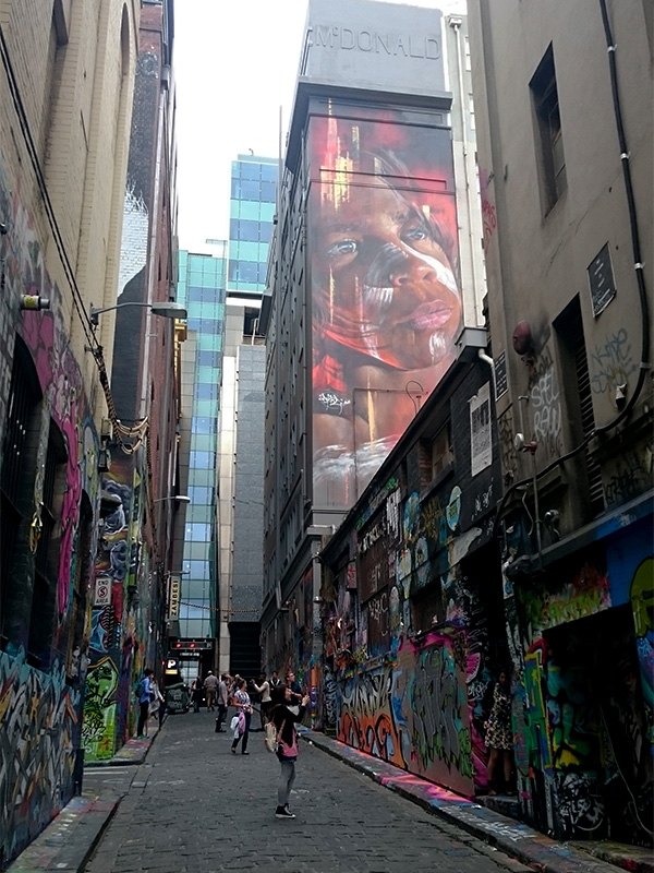 Melbourne's Hoisier Lane is iconic for its street art which creates into a giant wall of colour, trickling down to the uneven bluestone paving and wrapping to a connecting laneway.