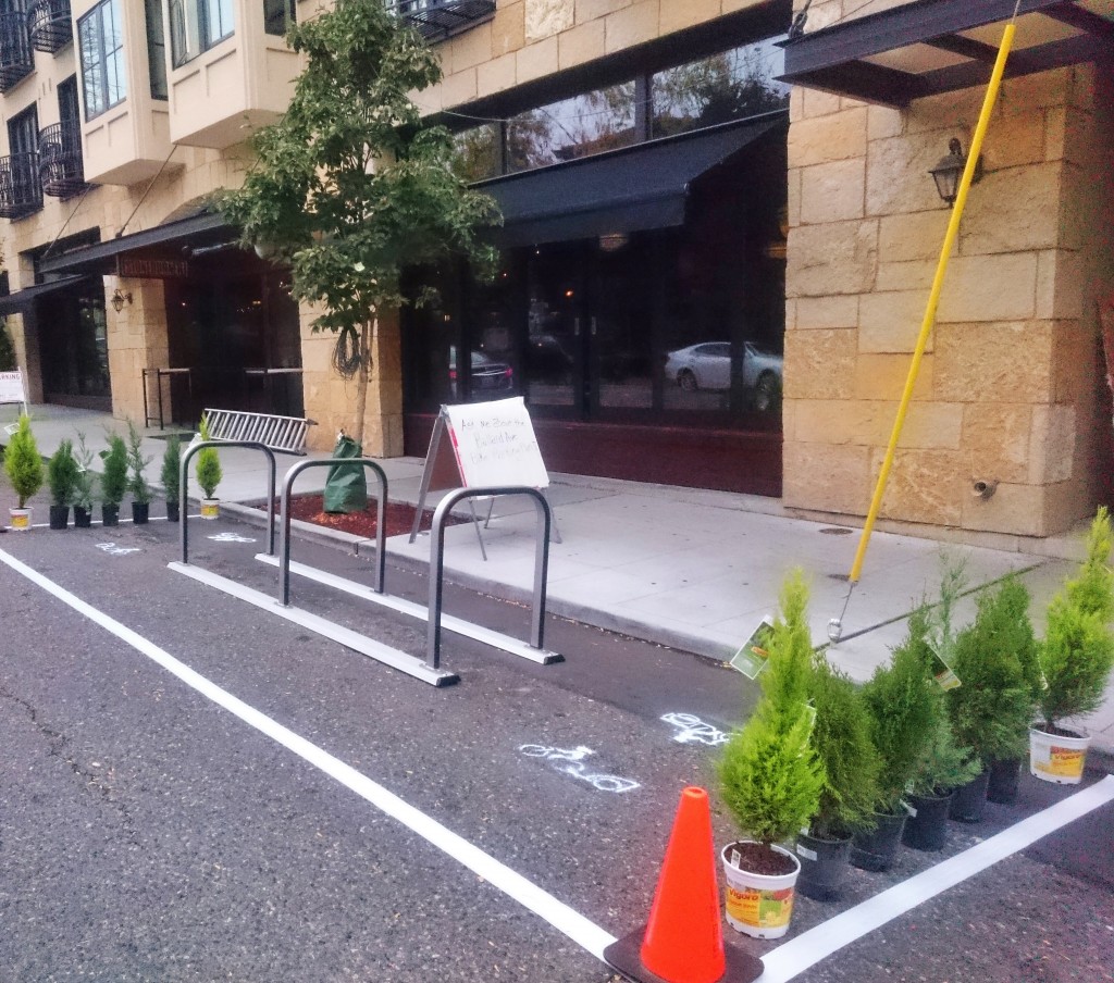 A pop-up bike parking space on Ballard Ave. Photo by Sarah Oberklaid. 