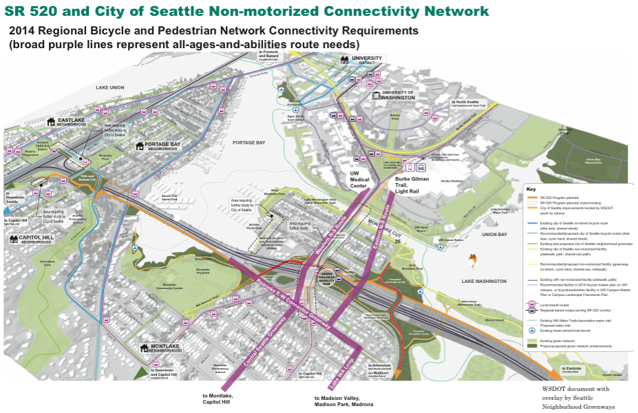 The non-motorized plan as proposed by Seattle Neighborhood Greenways. Image courtesy of Seattle Neighborhood Greenways.