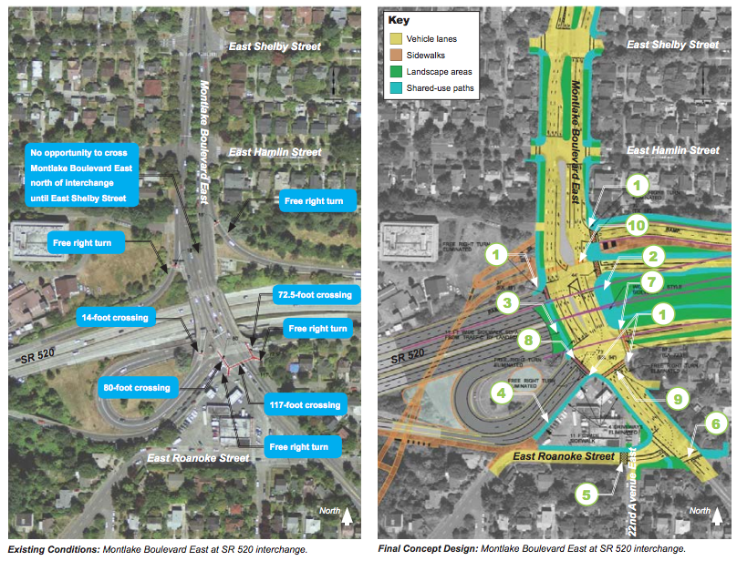 Existing conditions and final concept of the Montlake Interchange. (WSDOT)