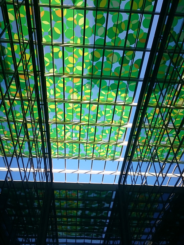 An artwork by Spencer Finch is featured in the canopy above an alley in an Amazon building in Seattle's South Lake Union. 