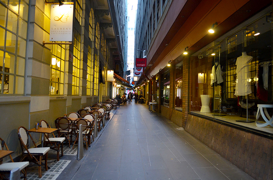 The Causeway, Melbourne, is lined with cafes & boutiques. This photo was taken at 7.30am, showing people feel comfortable walking at different times of day. Photo by Matthew Oberklaid. 