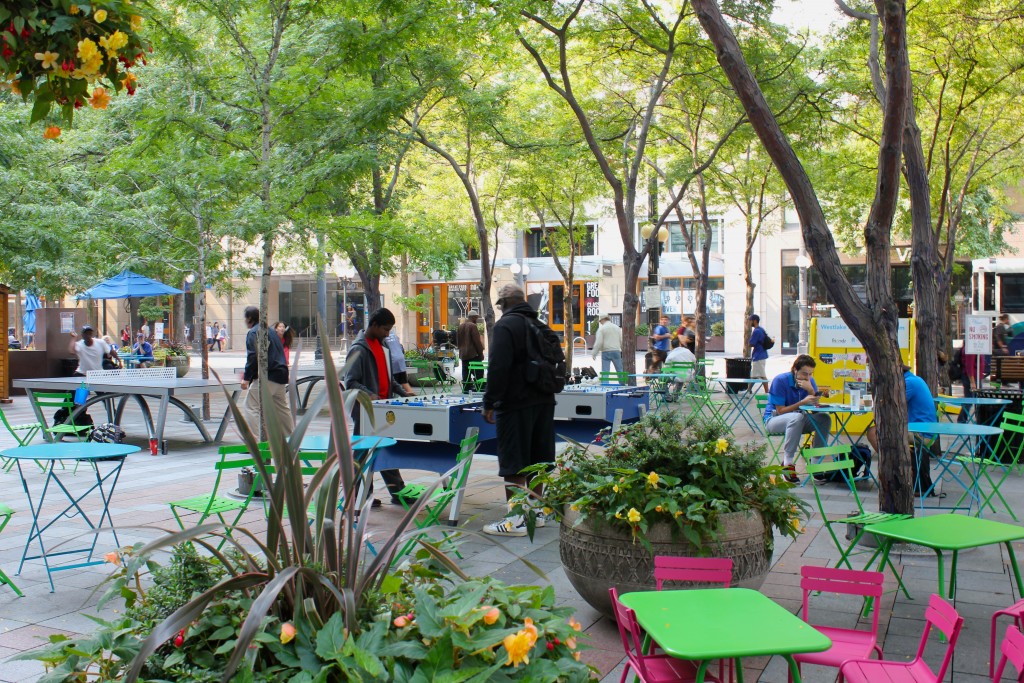 Westlake Park with games, tables, and chairs, photo by Sarah Oberklaid.