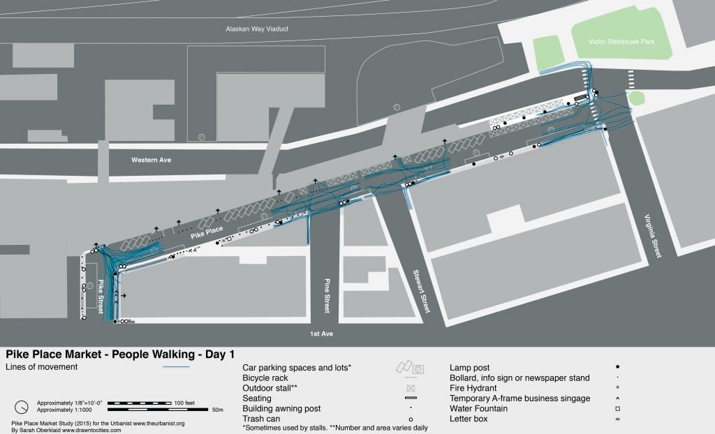 Map of pedestrian movement patterns on Day 1 by Sarah Oberklaid. 