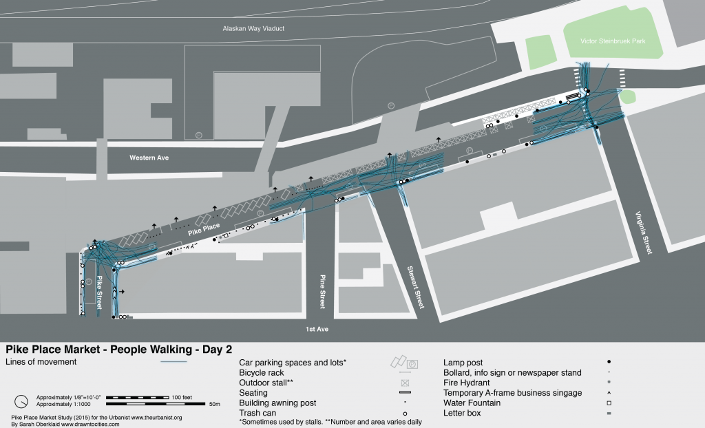 Map of pedestrian movement patterns on Day 1 by Sarah Oberklaid.