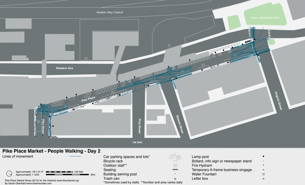 Map of pedestrian movement patterns on Day 1 by Sarah Oberklaid. 