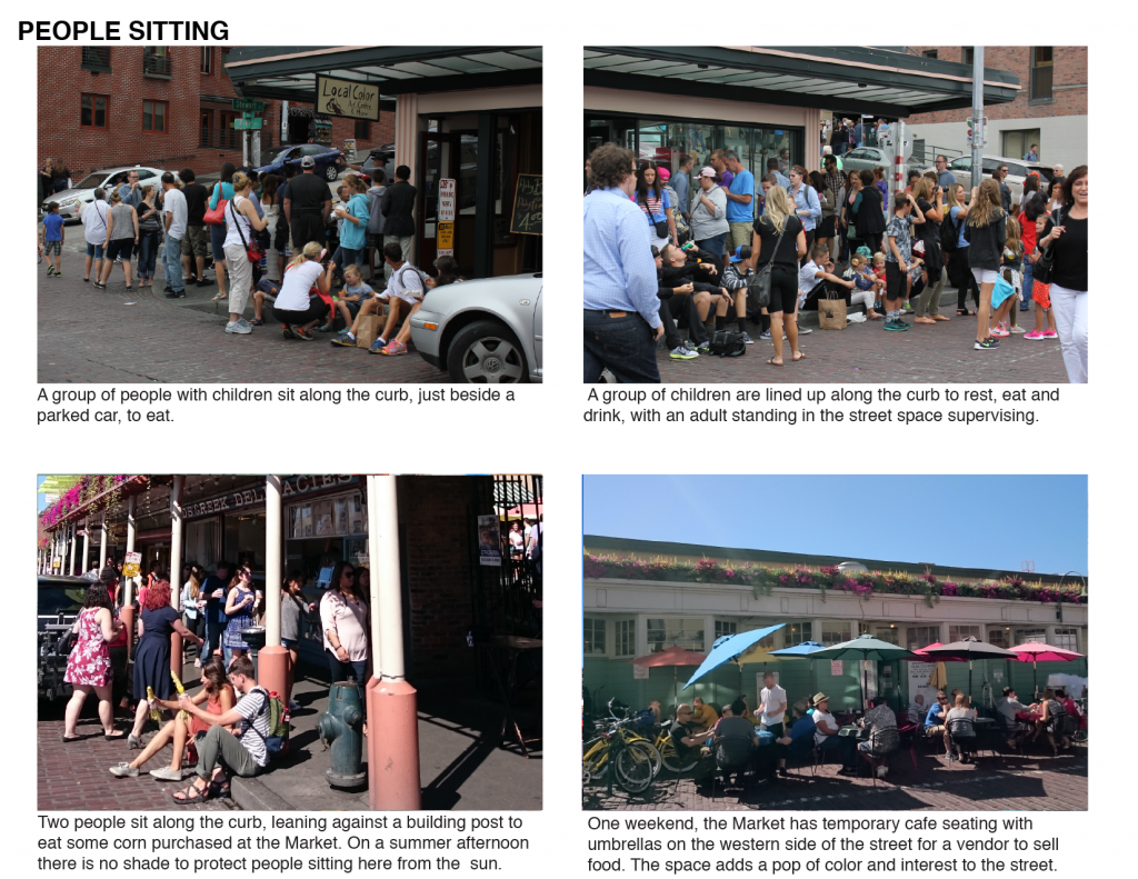 Examples of people sitting, informally along the cerb and in cafe seating temporarily installed by a vendor at the Market on a weekend by Sarah Oberklaid.