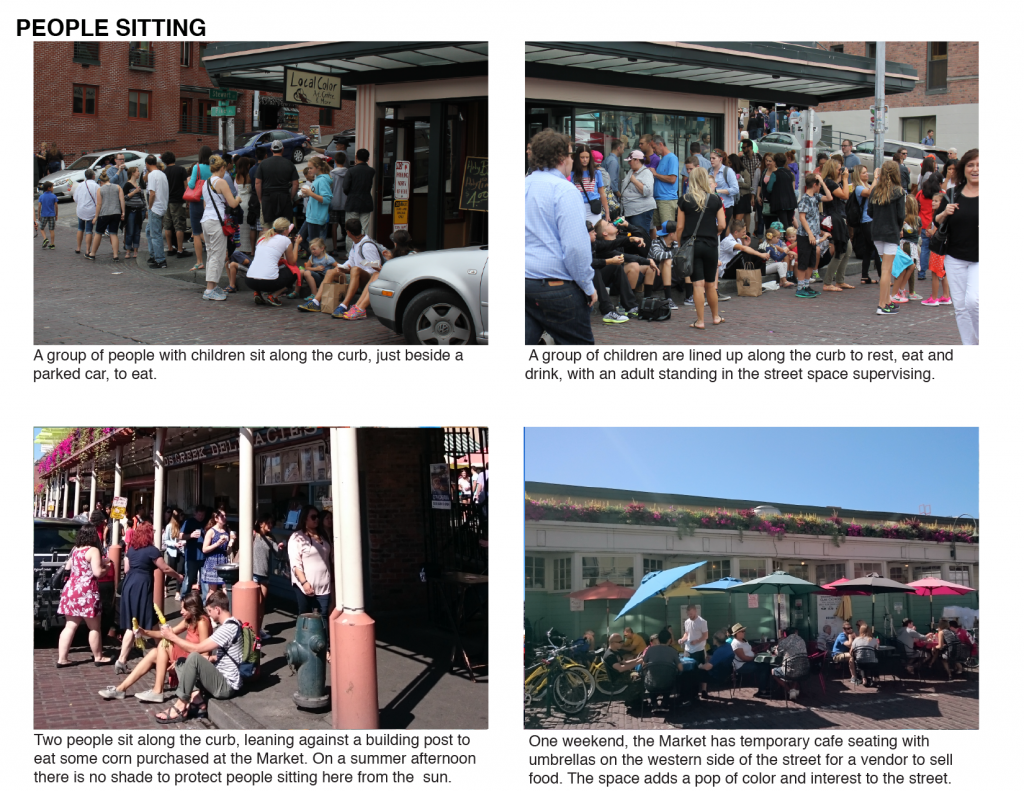 Examples of people sitting, informally along the cerb and in cafe seating temporarily installed by a vendor at the Market on a weekend by Sarah Oberklaid. 