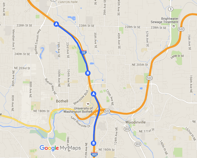 Southbound I-405 shoulders permitted for transit. (Google Maps)