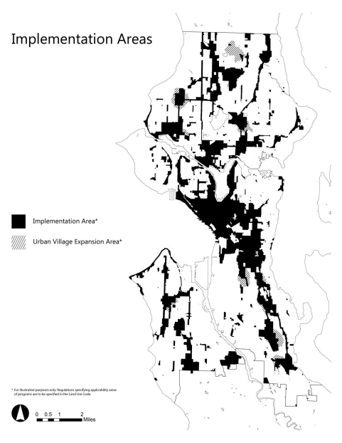 Implementation areas for mandatory inclusionary housing. (City of Seattle)