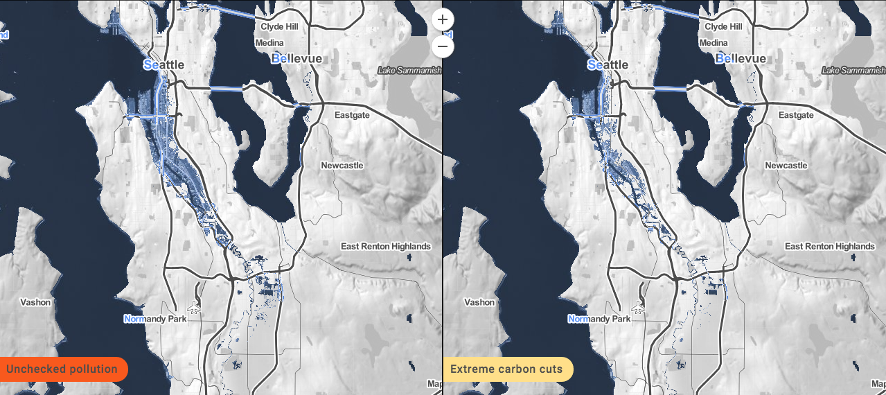 Inundation in Seattle at 2050. (Climate Central)