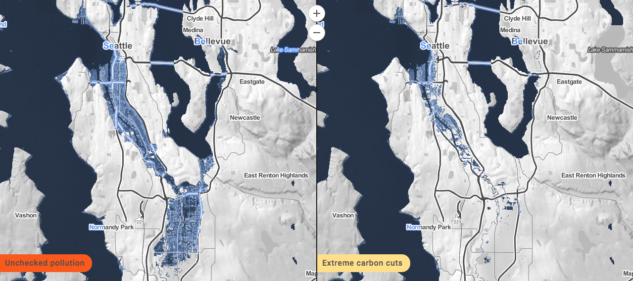 Inundation in Seattle at 2100. (Climate Central)