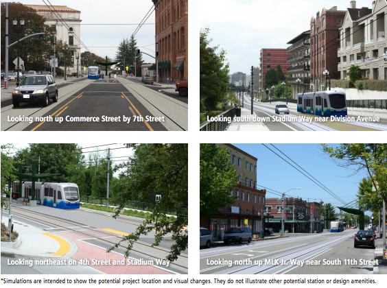 Simulations of the Tacoma Link on city streets. (Sound Transit)