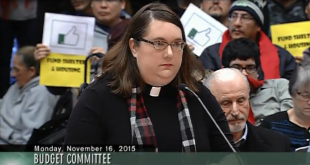  The Reverend Amy Robinson speaking in support of the Housing Now budget request. (Seattle Channel)