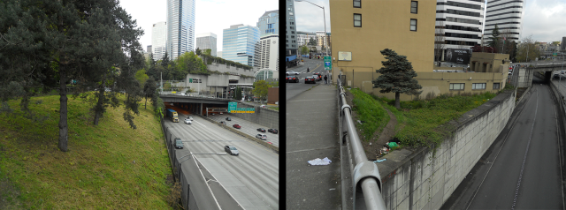 Just two examples of fenced "dead spaces". Left: between Pike Street and Boren Avenue (behind Plymouth Pillars Park). Right: behind the low-income housing Olive Tower on Boren Avenue. Spaces like these can easily be upgraded for formal, temporary public uses. (Photos by the author)