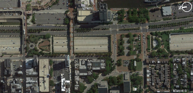 An aerial view of Philadelphia's two existing lid parks and the South Street pedestrian bridge, just steps from the riverfront. (Google Earth)