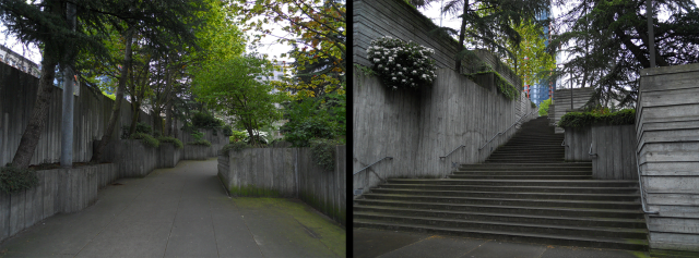 The verticality, tight spaces, and blind corners in Freeway Park lend to a sense of insecurity and make many of the entrances difficult to locate from the streets. (Photos by the author)