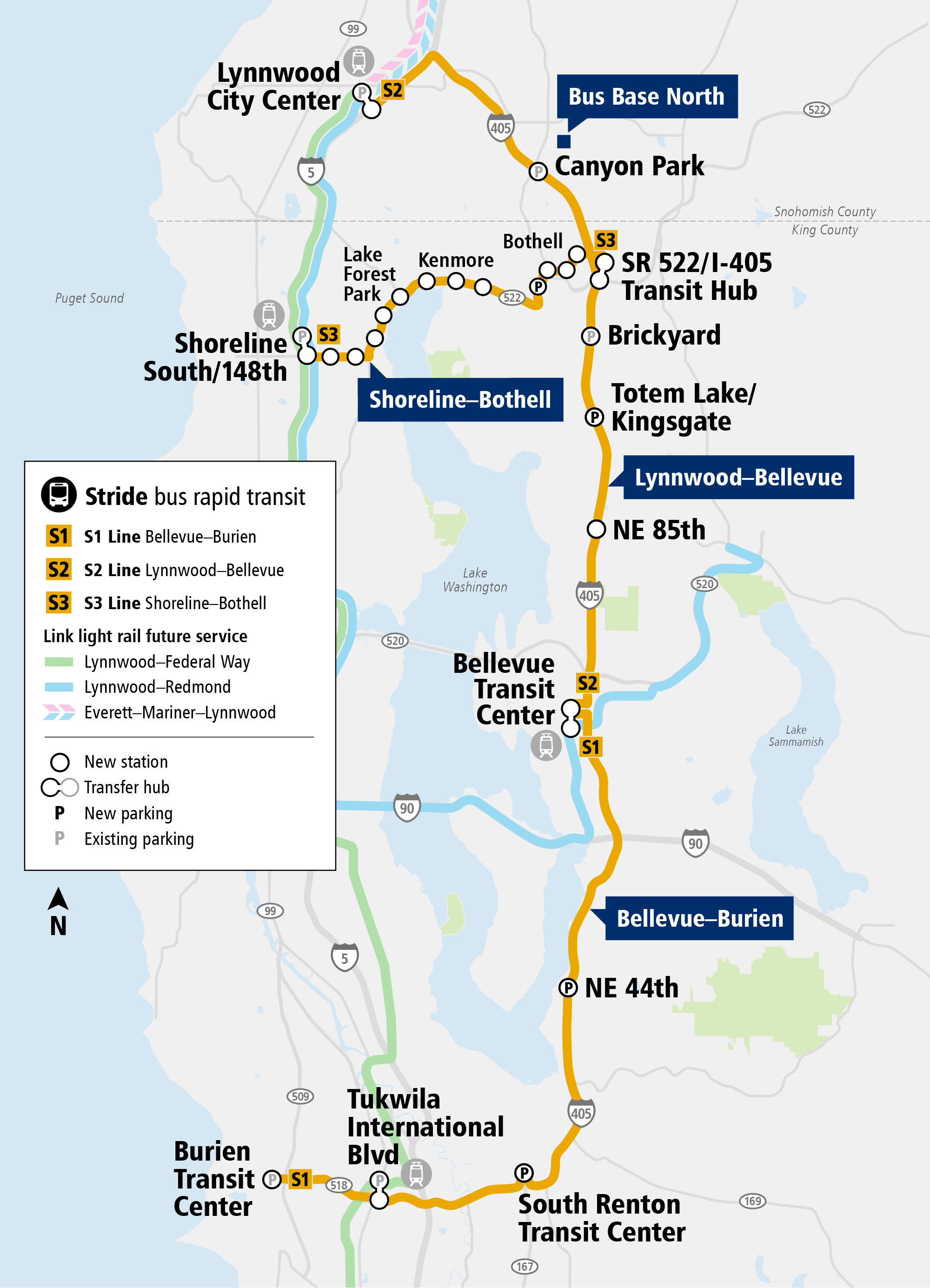 The S1, S2 and S3 Lines form the Stride program. These lines will replace existing ST Express regional bus service currently run by transit partners. The S1 Line: 1-405 South will replace Route 560, the S2 Line: I-405 North will replace Route 535, and the S3 Line will replace Route 522. Stride buses will connect to Link light rail, providing new ways to get to your destination.