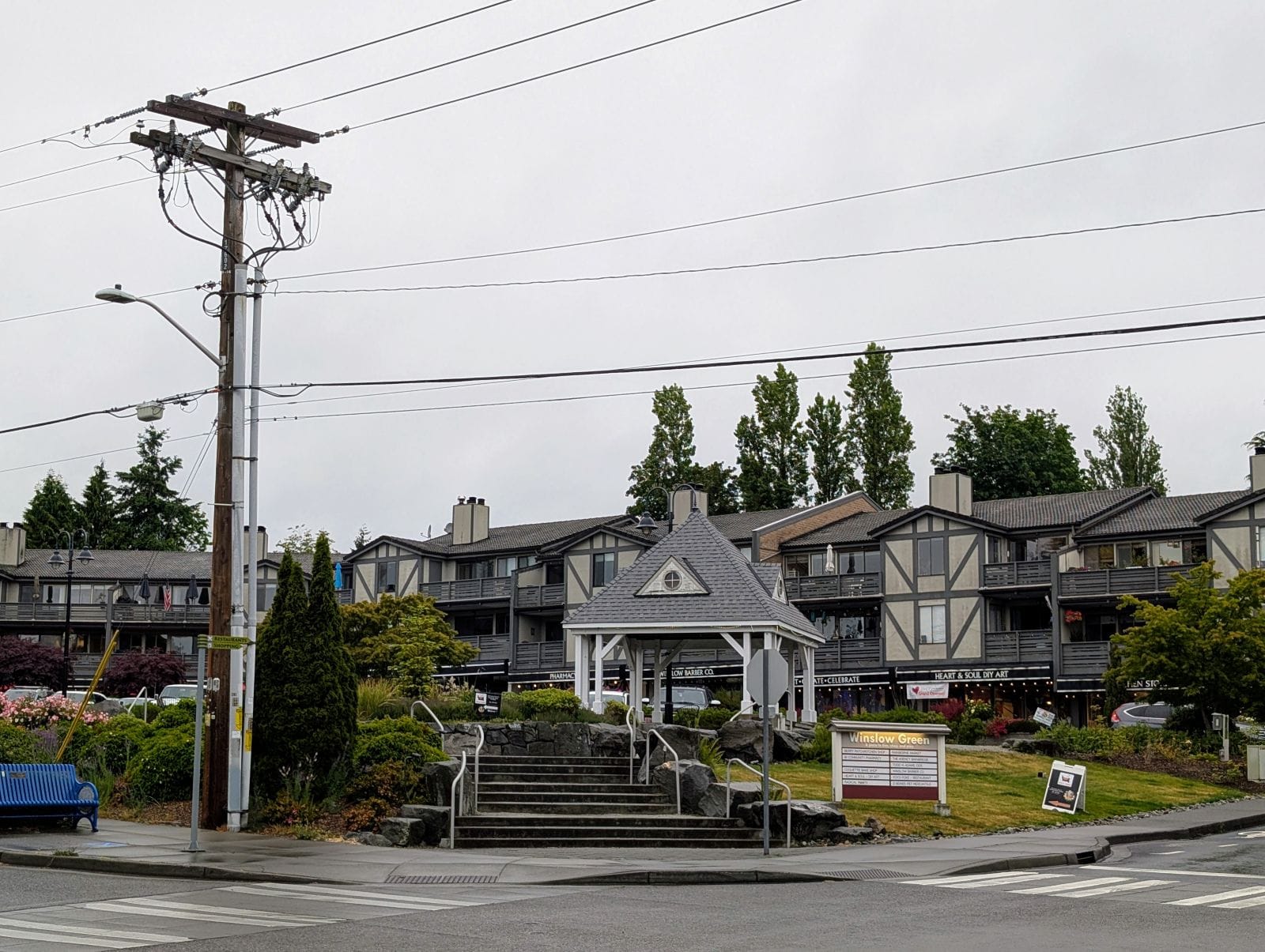 Winslow Green is a park with gazebo and some seating and greenery.