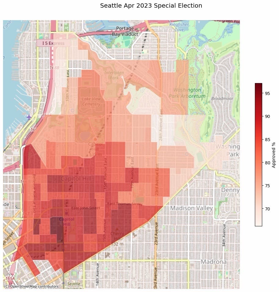 Darker shades of red indicate higher support. Some of the highest support is along Broadway where the center was to be sited.