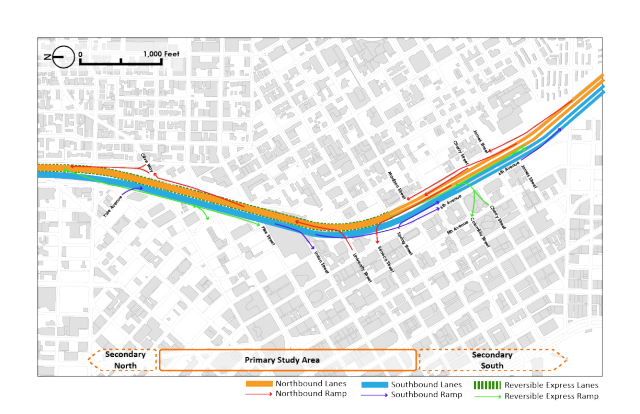 
                     A visualization of I-5's complex weave of ramps and lanes. (Graphic by the author)
                     