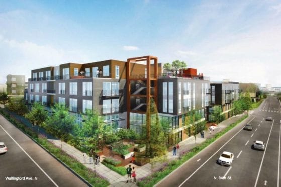 The buildings at 3400 and 3326 Wallingford Avenue will collectively 212 apartments and 27 live-work units. (AMLI Residential Partners)