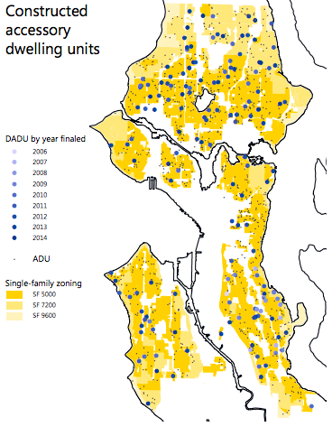 Location of backyard cottages finaled by year. (City of Seattle)