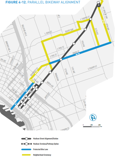 The proposed bike network to go with the Madison BRT project (City of Seattle)