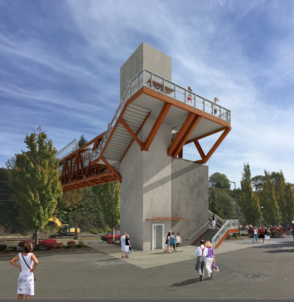 Looking at the pedestrian bridge from the elevator tower base. (City of Everett)