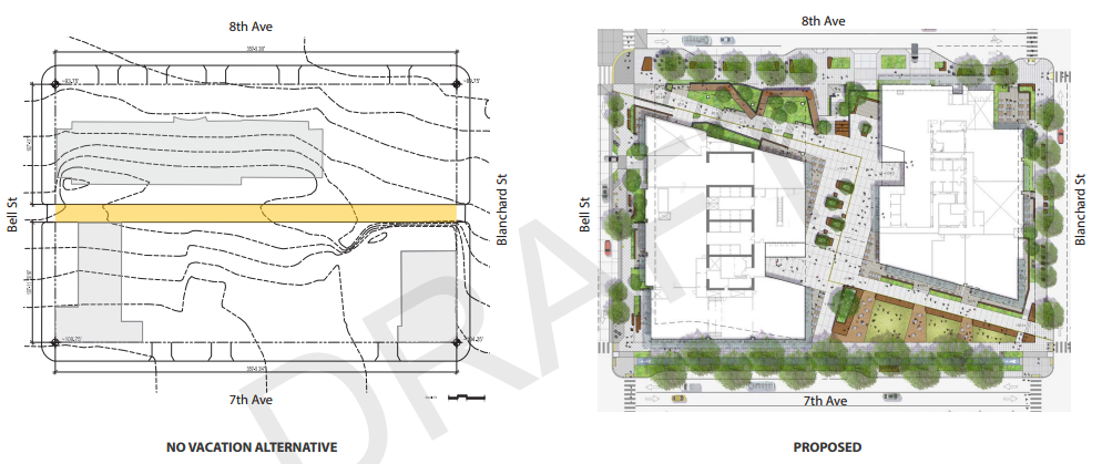 At left: the current site with alley. At right: the proposed project with the alley vacated. Click for a larger version. (City of Seattle)