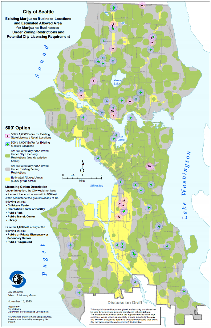 The Mayor's proposal for permitted areas of marijuana facilities. (City of Seattle)
