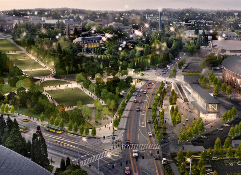 University of Washington's Montlake Triangle (center) and future under ground light rail station (right). (Sound Transit)
