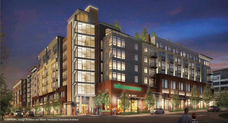 The Whittaker consists of two 7-story buildings and is the largest in the latest crop of development in West Seattle. It includes 389 apartments on top of a Whole Foods, which itself sits atop two levels of below grade parking totaling 594 units. The north building is at the intersection of Fauntleroy Way and SW Alaska Street. (Fuller/Sears Architects)