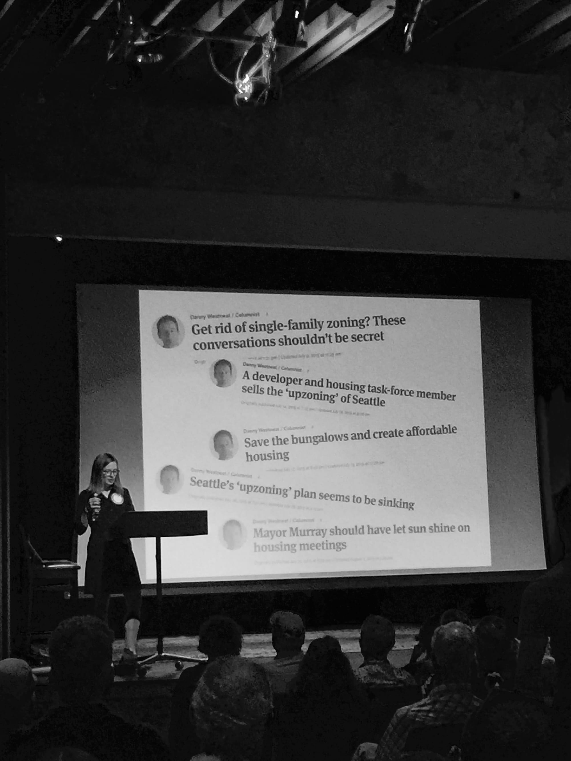 Sara Maxana gives keynote speech at #yimby2016 unconference.